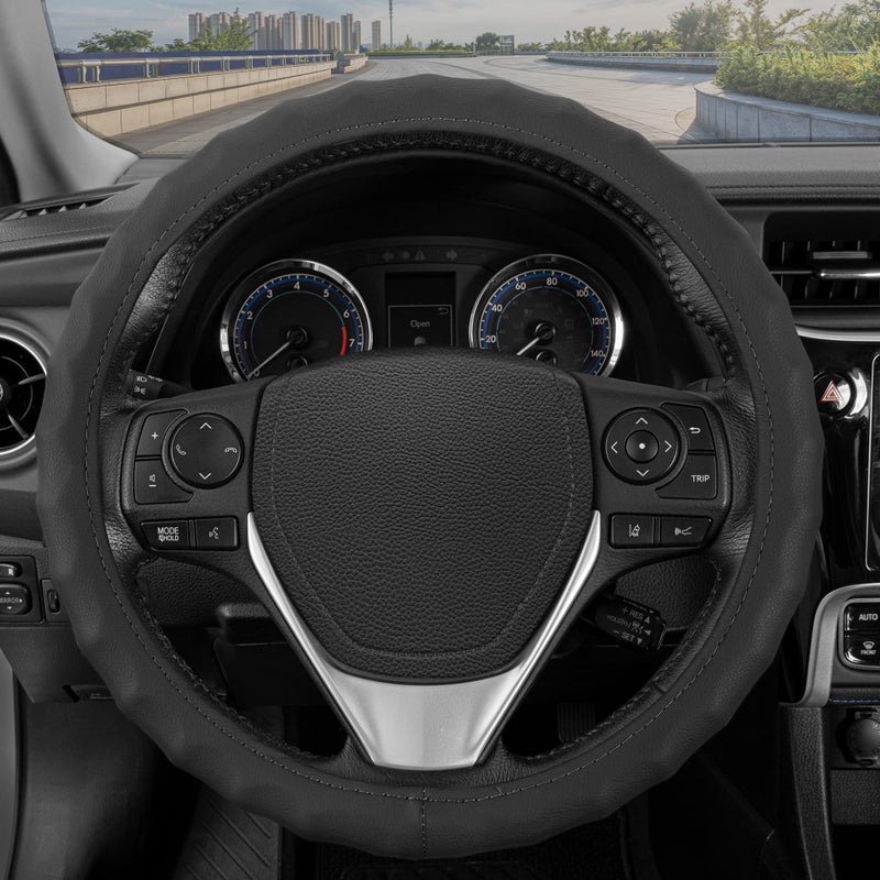 BDK Genuine Black Leather Steering Wheel Cover for Car, Large 15.5-16 inch â€“ Ergonomic Comfort Grip for Men & Women, Car Steering Wheel Cover for Vehicles with Large Steering Wheels - Image 1